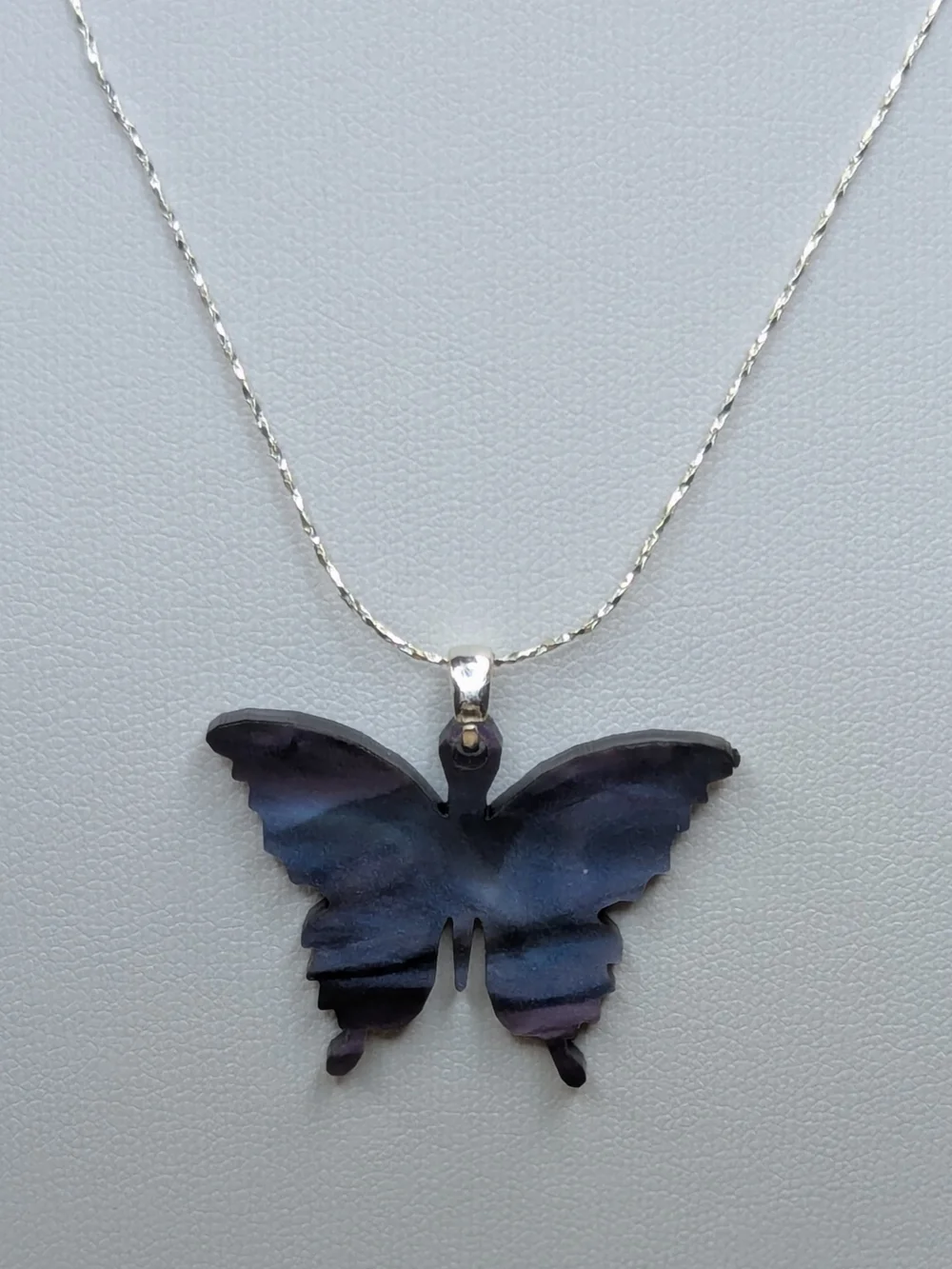 Blue Lavender Butterfly Necklace Reversible Pendant Silver Chain 16.5” + 2 